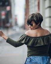 RUFFLED OFF THE SHOULDER OLIVE TOP